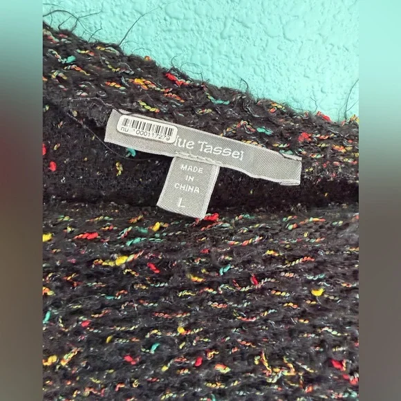 Anthropologie Blue Tassel Balloon Sleeve Sweater, Black/Multi - Picture 3 of 6